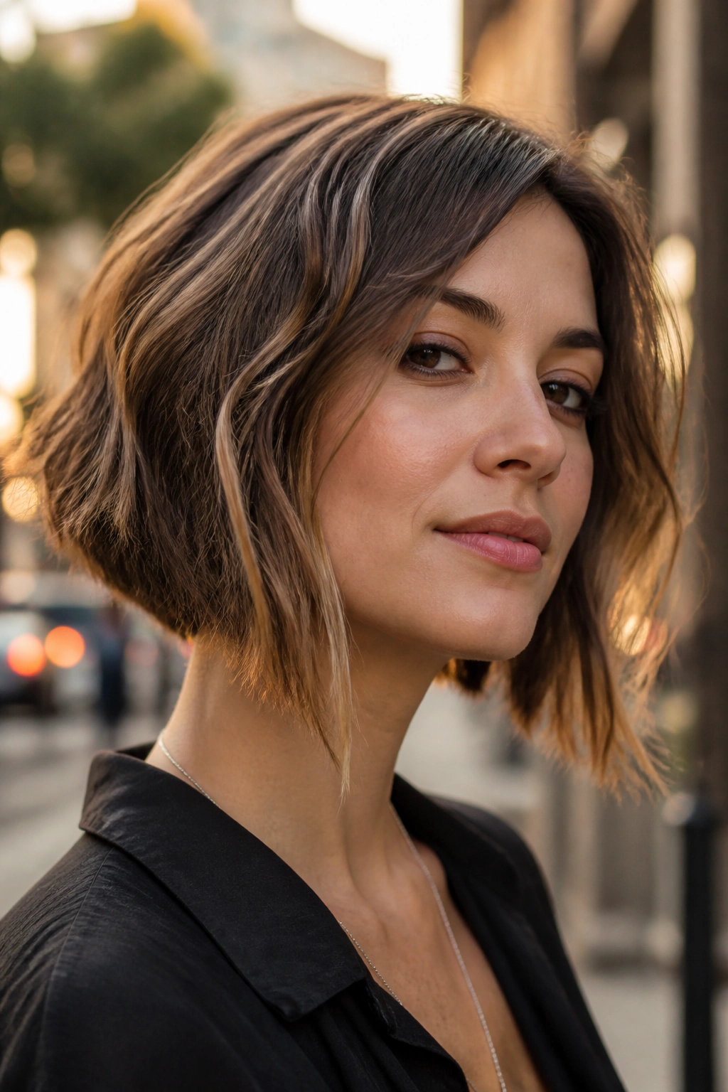 Portrait of woman with angled bob and longer front pieces