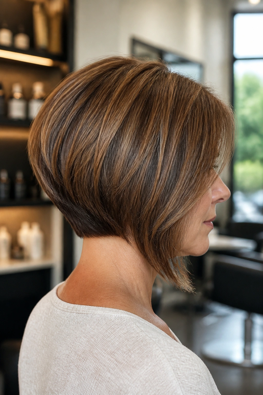 Close-up of a real woman with an angled bob and stacked nape under natural light