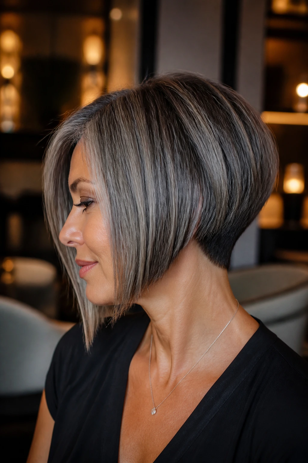Close-up profile of a woman with angled bob and nape taper in a warm-lit lounge