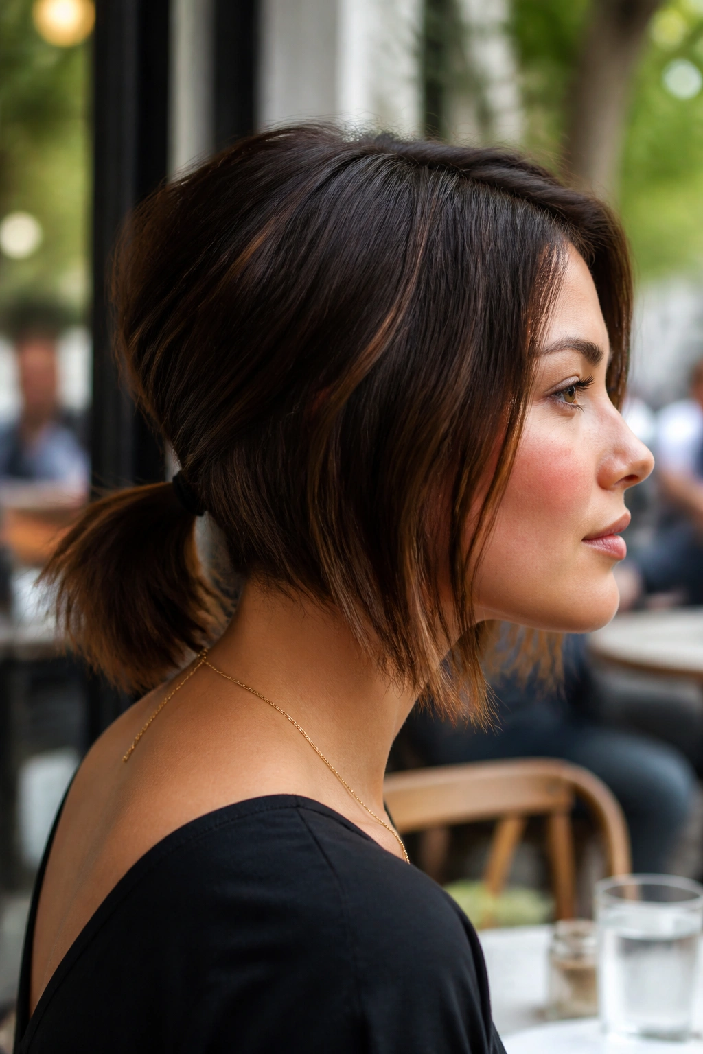 Portrait of a woman with angled bob and longer front pieces gathered into a low ponytail