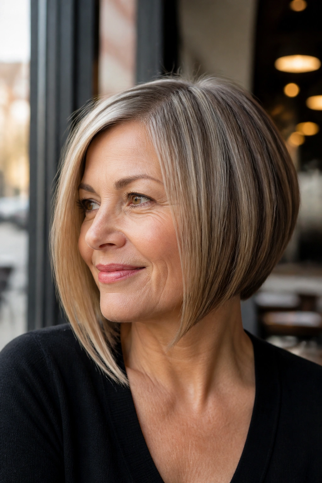 Portrait of a real woman with an angled bob, back shorter and front longer.