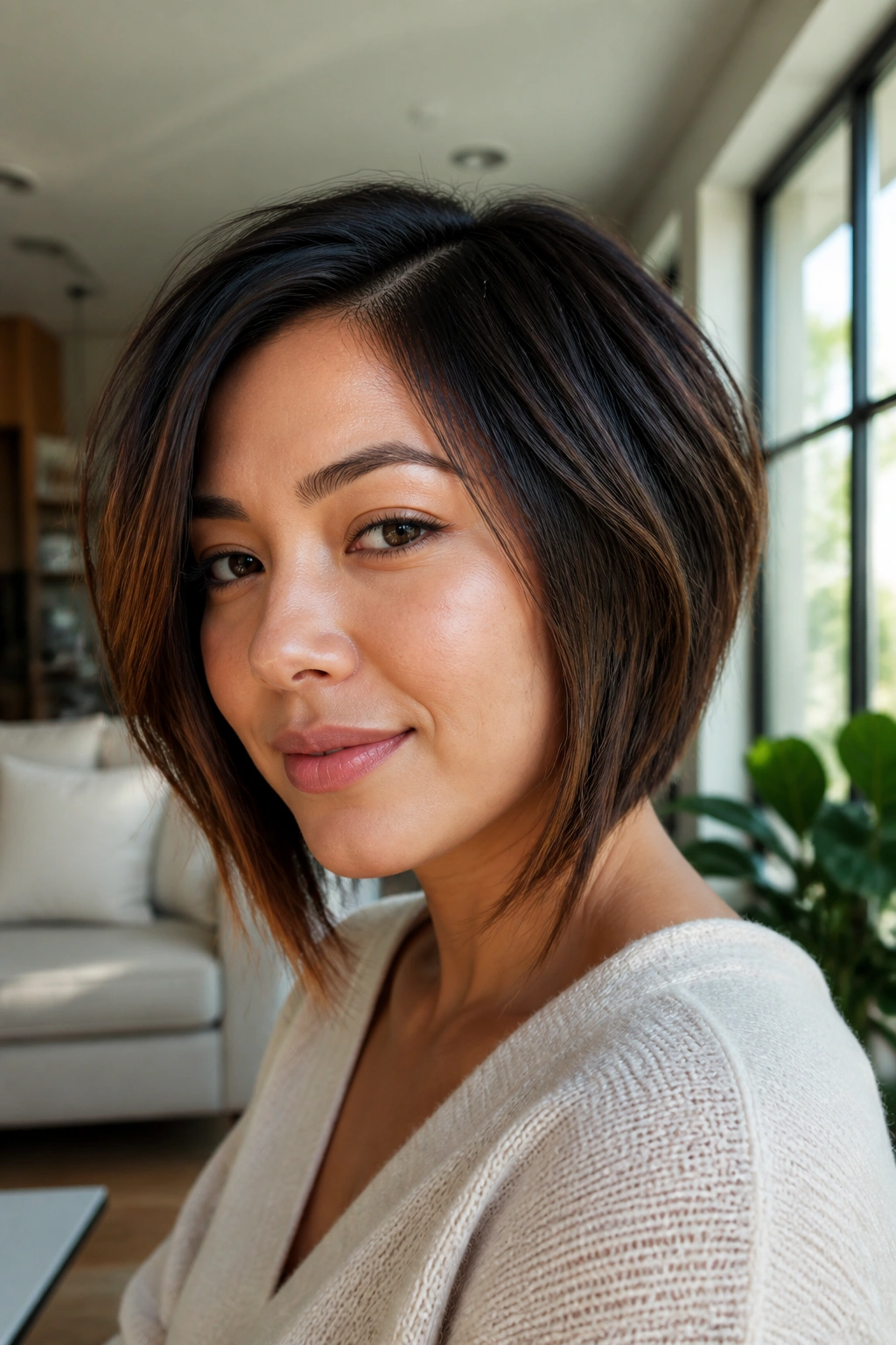 Close-up of a real woman with an angled bob showing a shorter back and longer front pieces