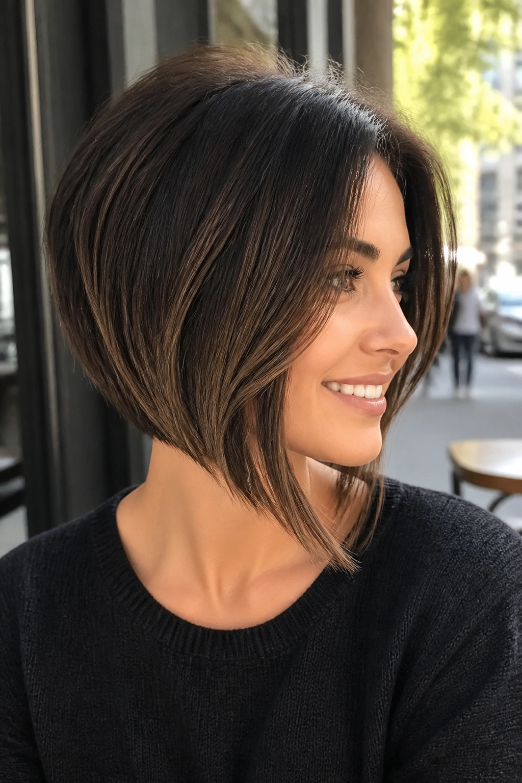 Close-up of a real woman with angled bob hairstyle in an urban cafe