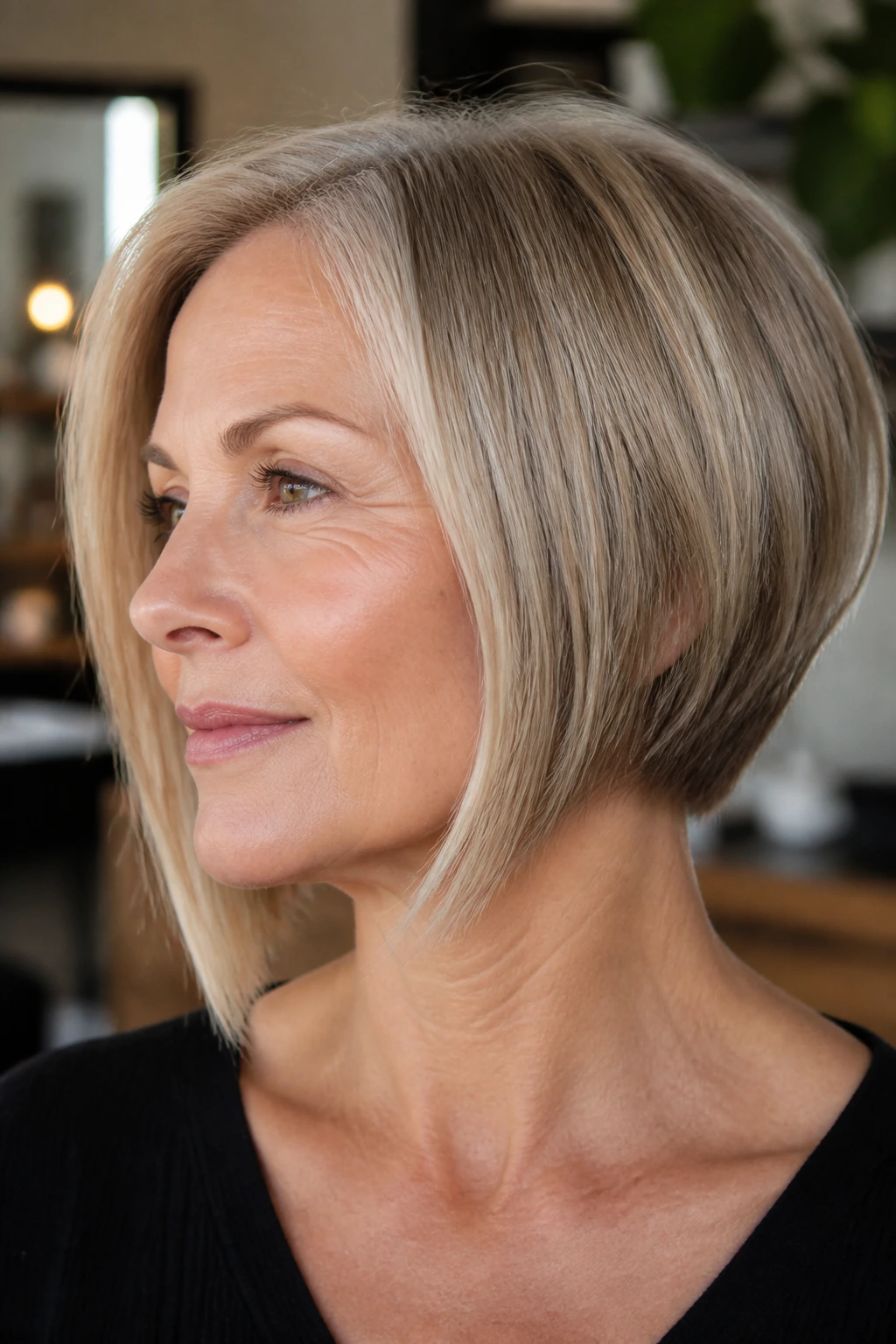 Close-up portrait of a real woman with an angled bob.