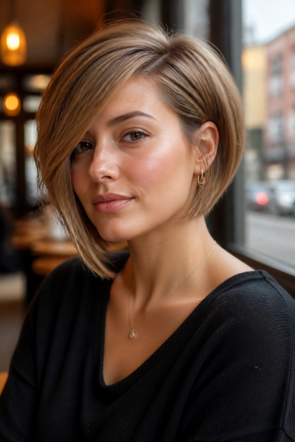 Close-up of a real woman with an angled bob and strong side sweep