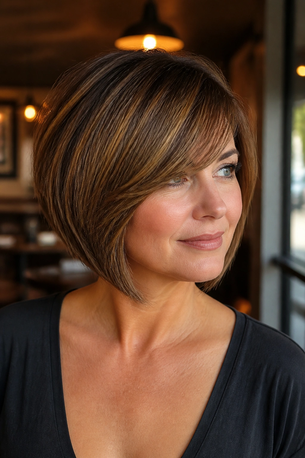 Portrait of woman with angled bob and swoopy bangs in a warm cafe setting