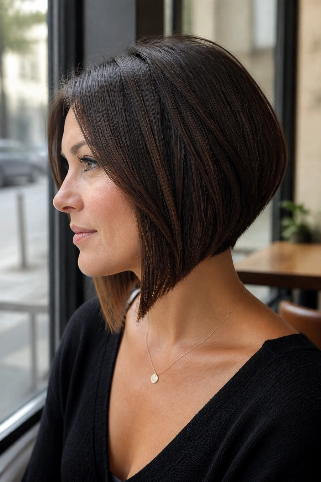Real woman with angled bob showing forward-sloping front and shorter back
