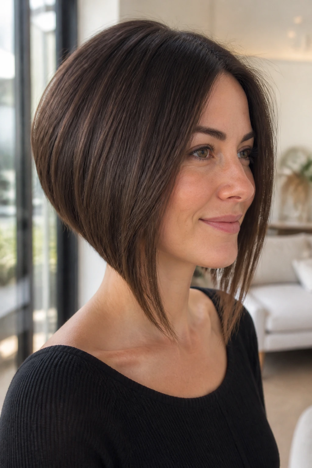 Close-up of a real woman with an angled bob and longer front pieces, thick hair, soft window light