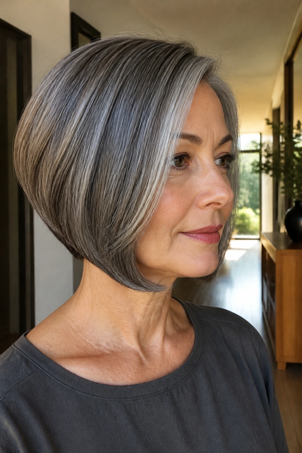 Portrait of a real woman with an angled bob and undercurve.