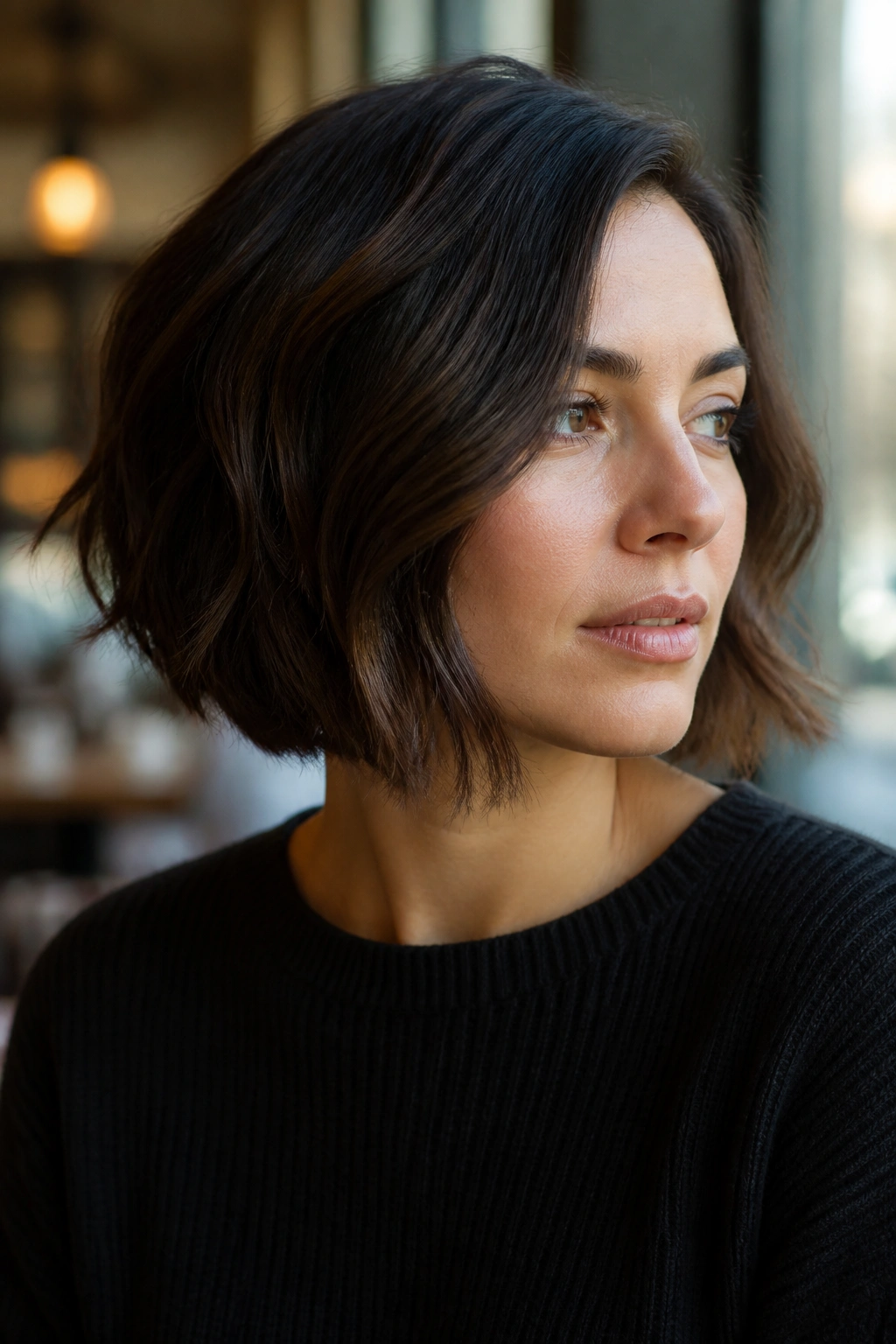 Close-up of a real woman with an angled bob skimming the chin in warm cafe light