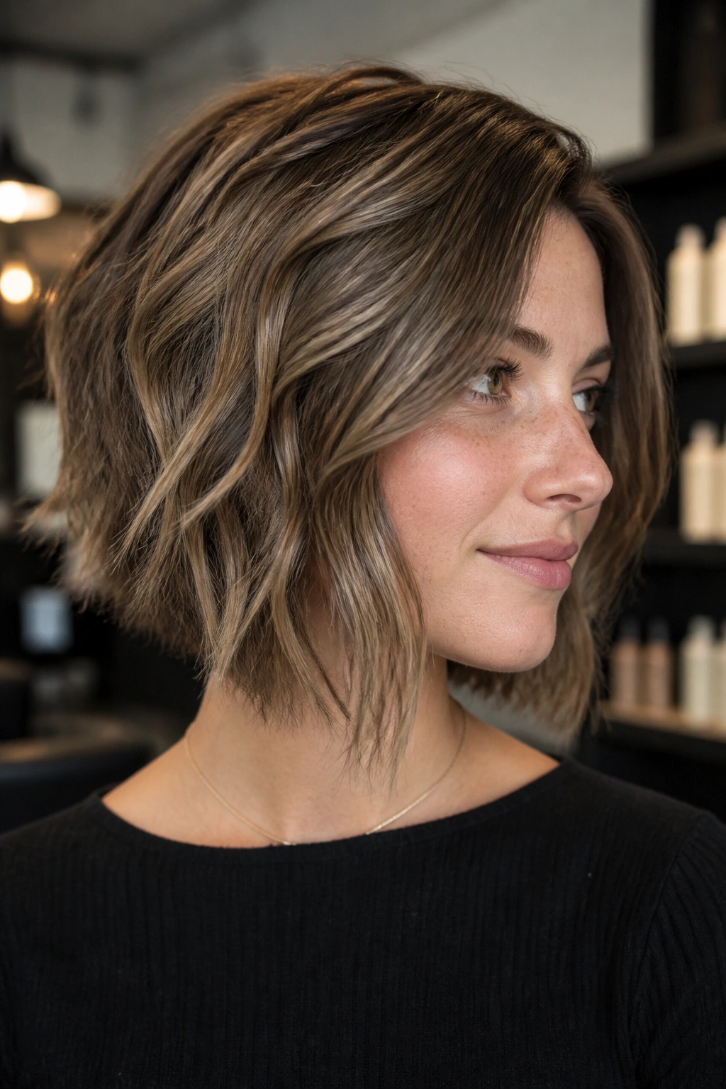 Close-up portrait of a real woman with an angled bob for wavy hair