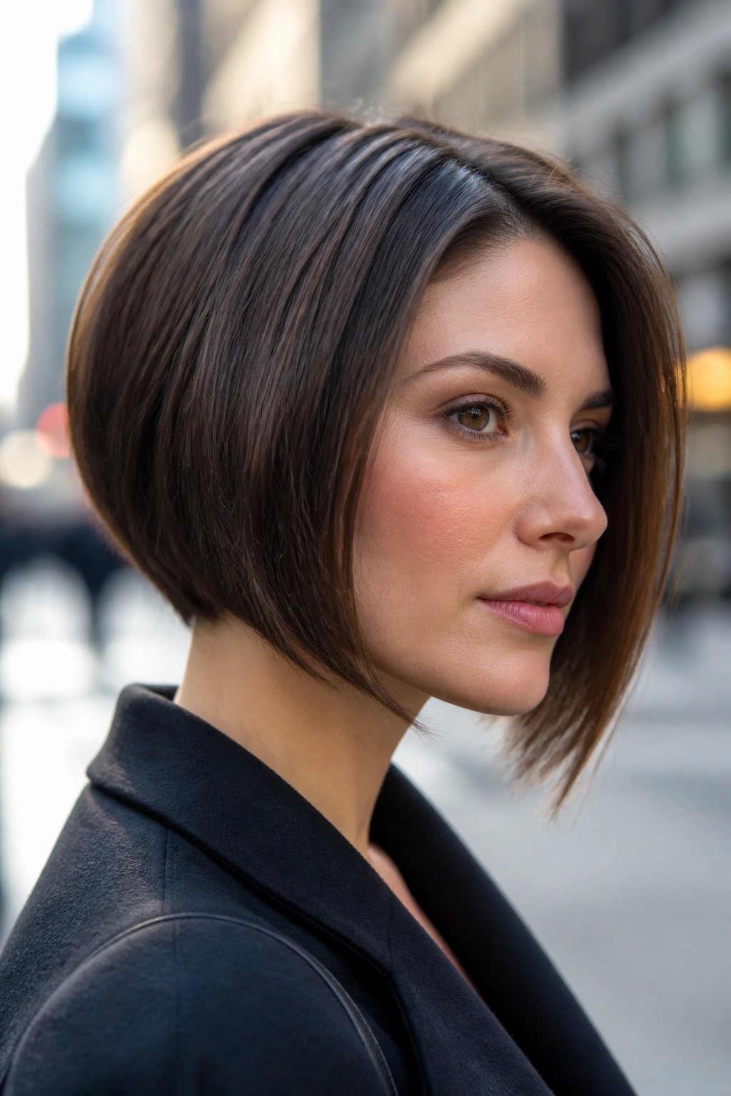Close-up of a real woman with an angled cheek-length bob in an urban setting