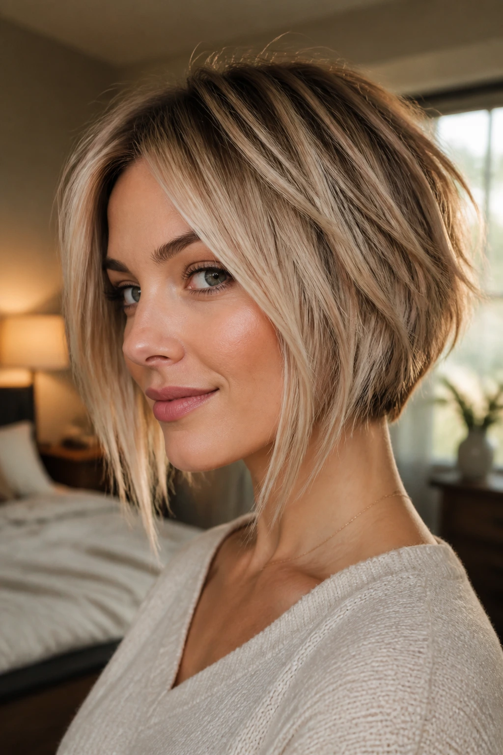 Close-up portrait of a real person with an angled choppy bob featuring longer front and shorter back in natural window light