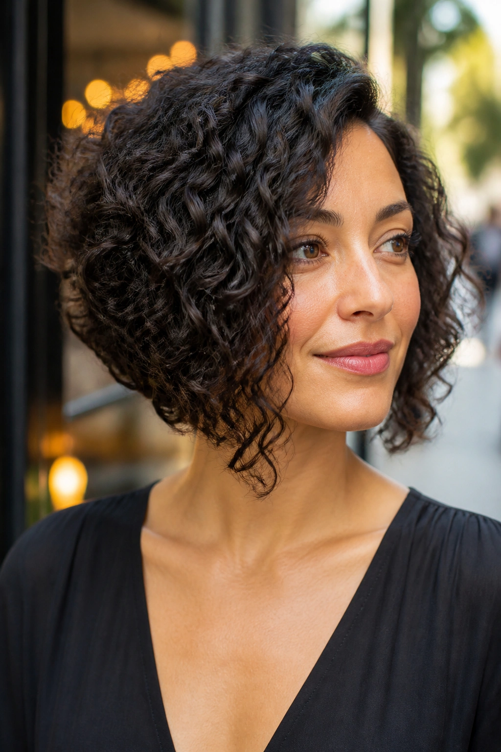 Portrait of a woman wearing an angled curly bob with shorter back and longer front