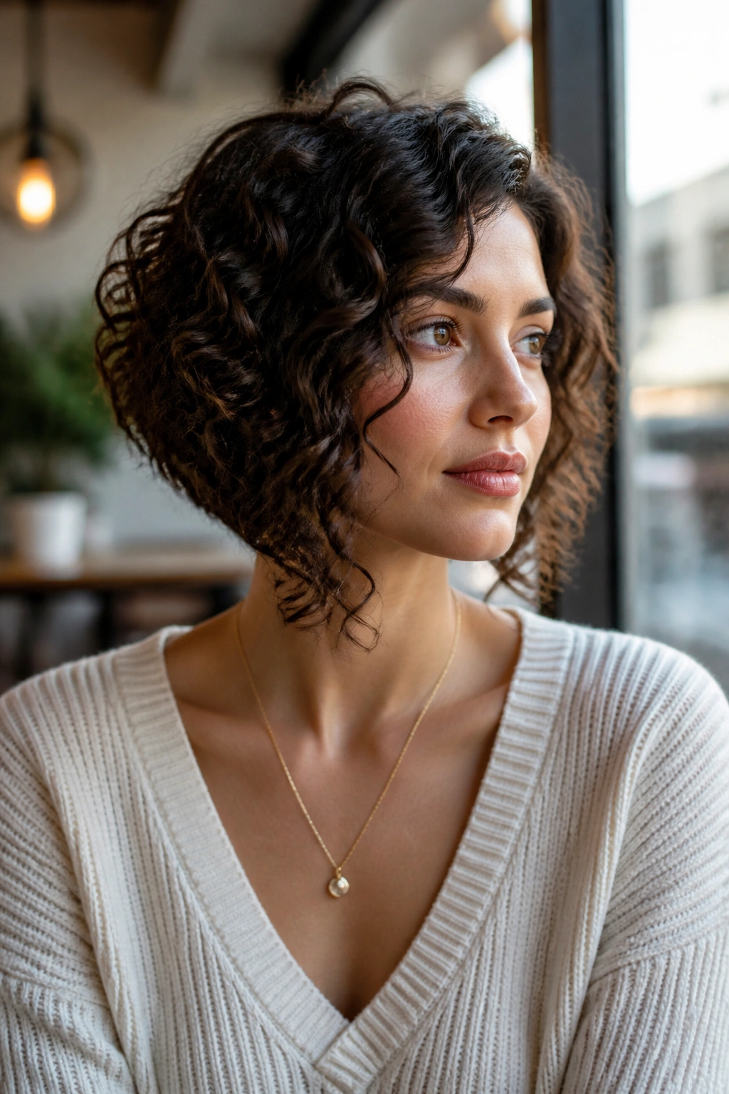 Portrait of a woman with an angled curly bob