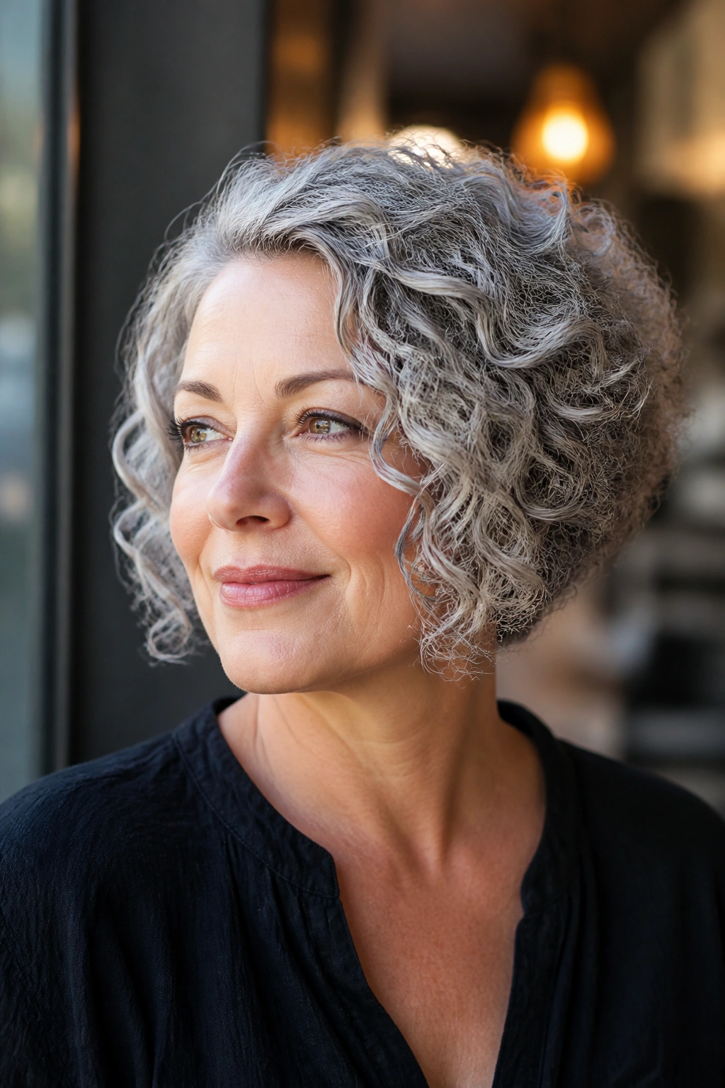 Real woman with angled curly bob, front longer, back shorter, side-parted curls.