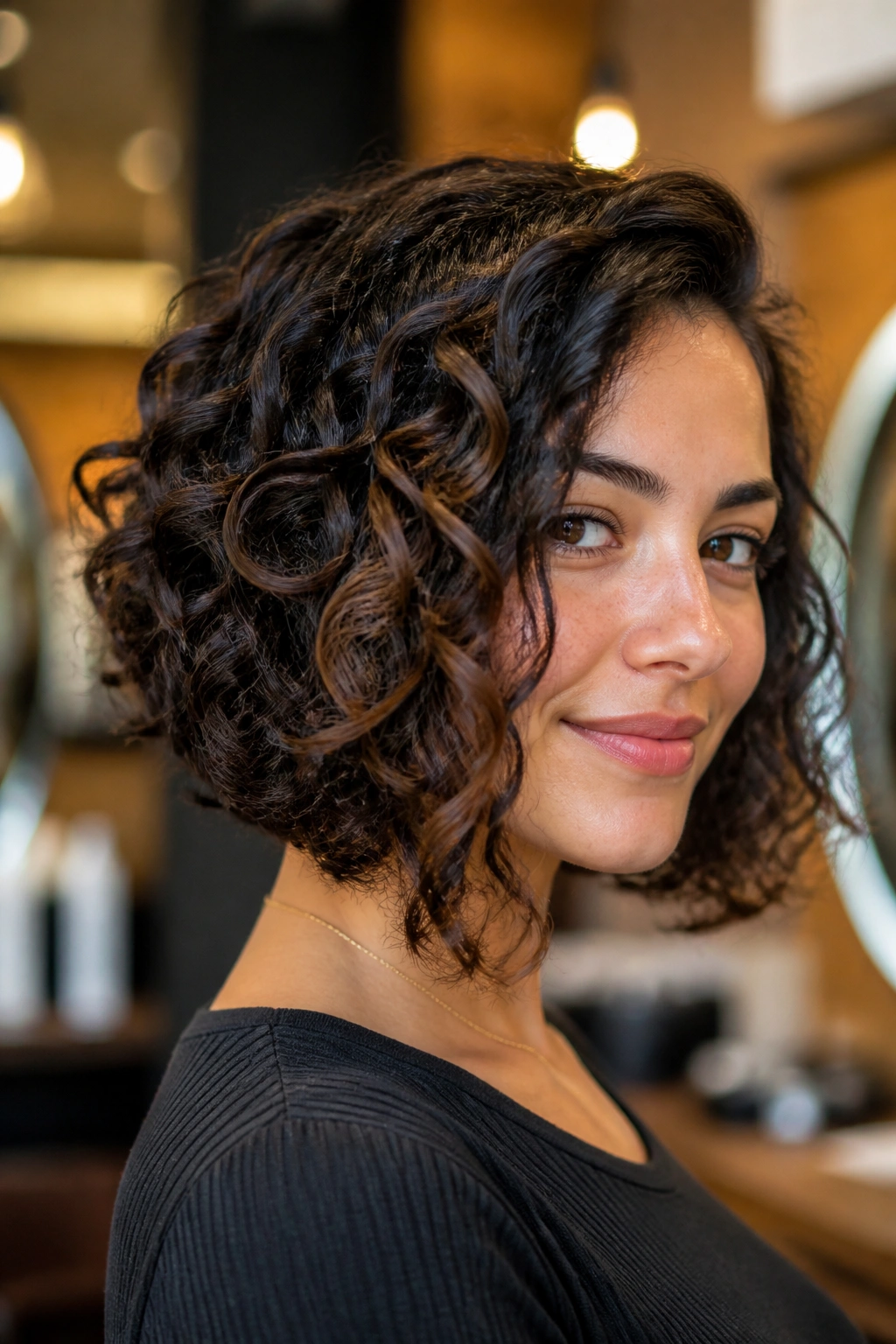 Angled curly lob on a real woman in a warm salon setting