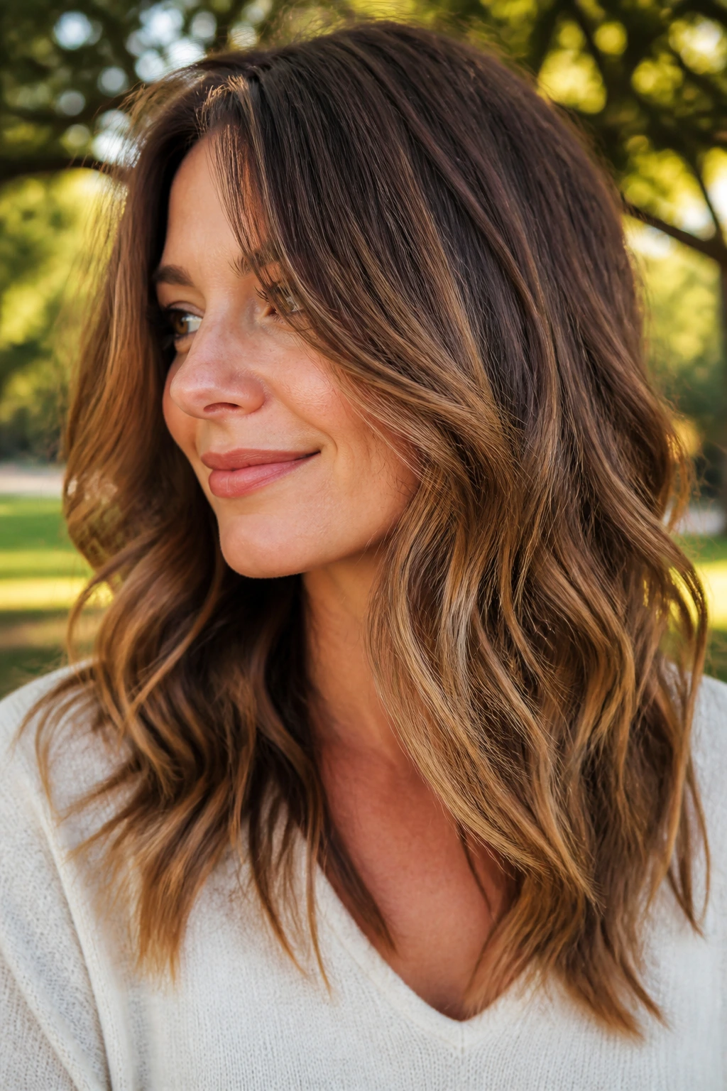 Close-up of a real person with angled face framing layers on wavy hair