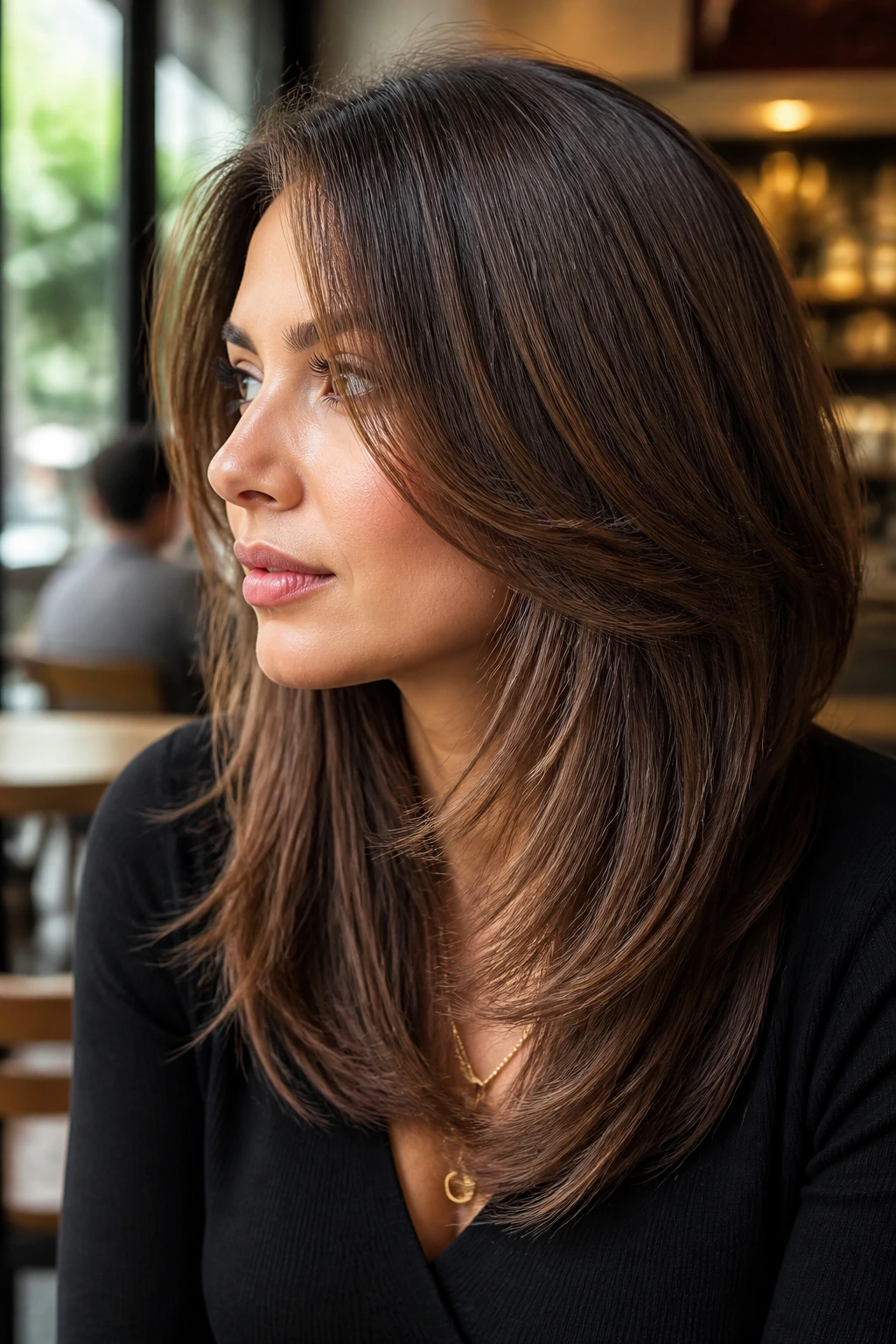Portrait of a real woman showcasing angled face-framing layers starting at the cheekbone.