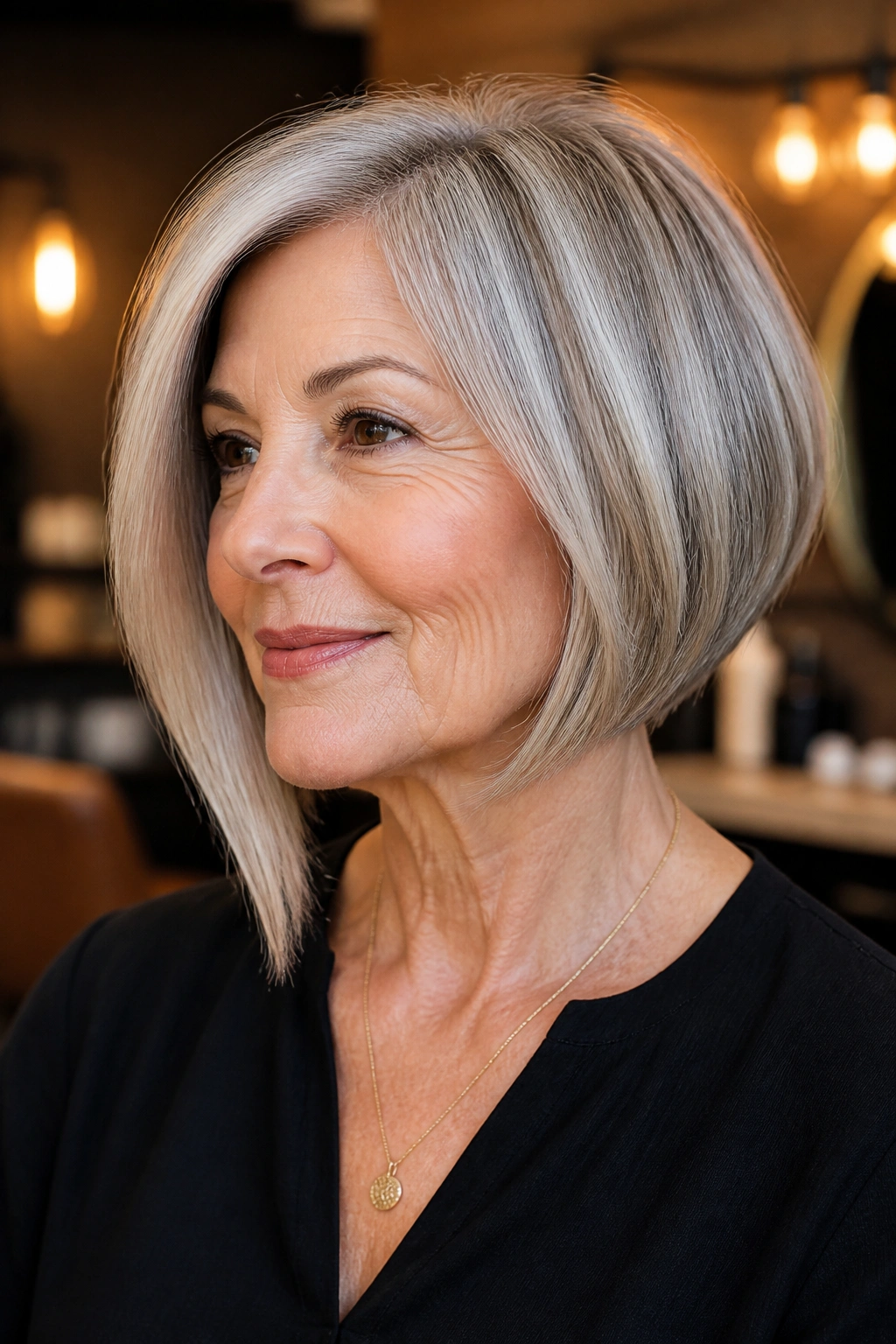 Close-up of a woman with angled French bob and longer front under salon lighting