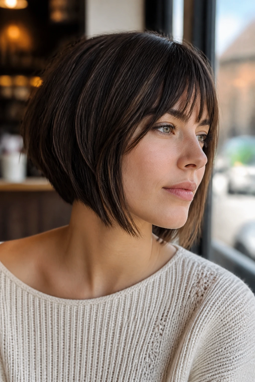 Close-up of a real woman with angled French bob and cheekbone bangs in a cafe setting
