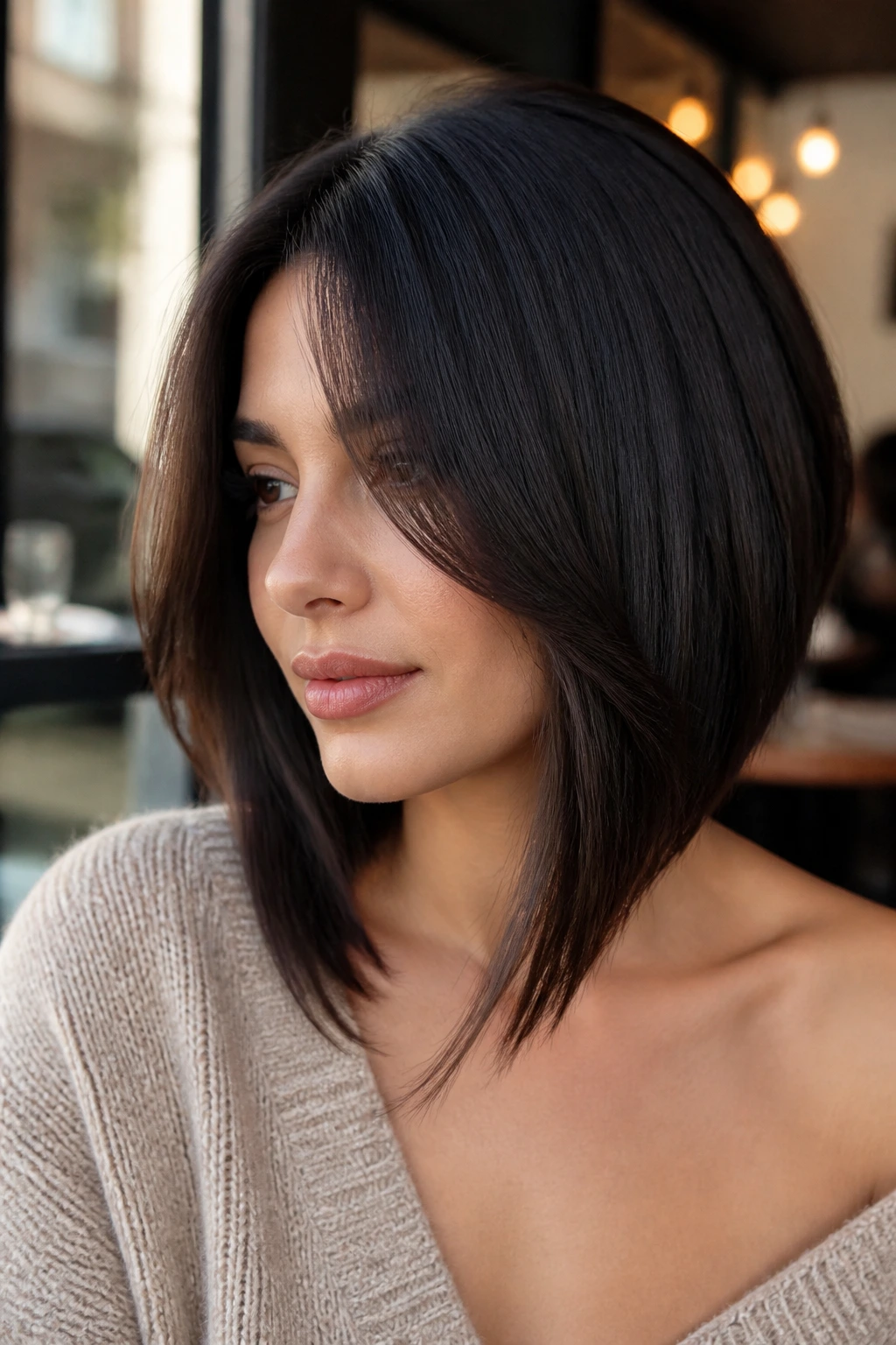 Real woman with angled lob and long curtain bangs in a sunny cafe setting
