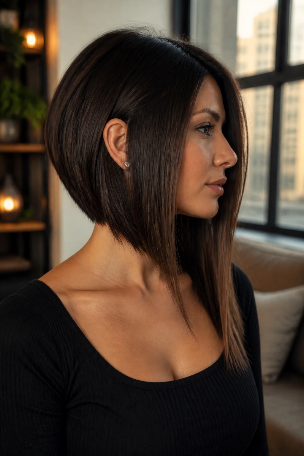 Portrait of a real woman with angled lob and extra-long fronts