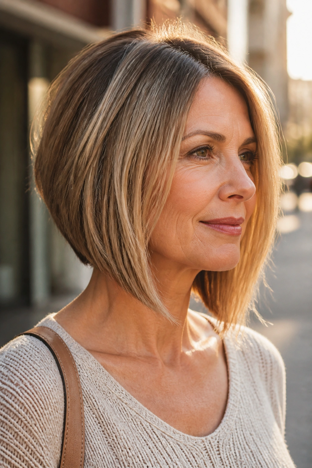 Close-up of a woman with an angled lob haircut in golden hour outdoor light