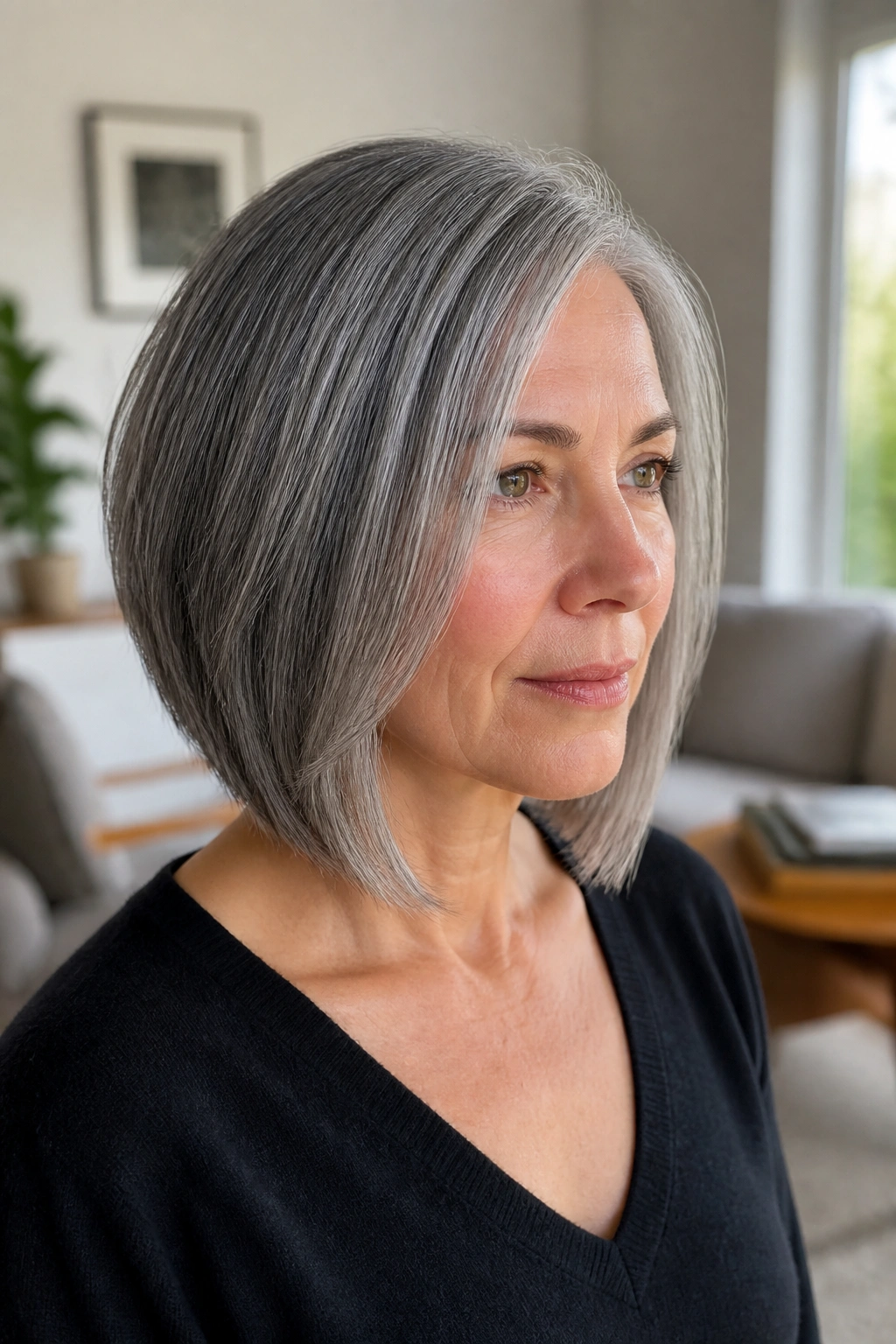 Close-up of a real woman with an angled lob featuring a subtle back-to-front slope in gray hair