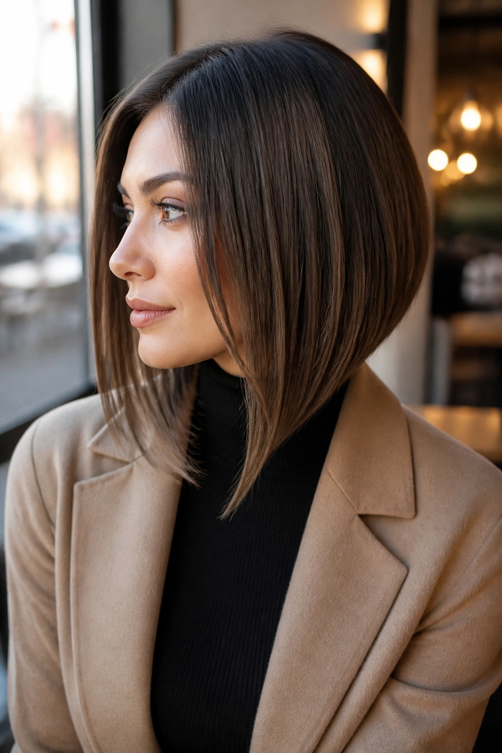Close-up of real woman with angled lob haircut at a cafe window in natural daylight