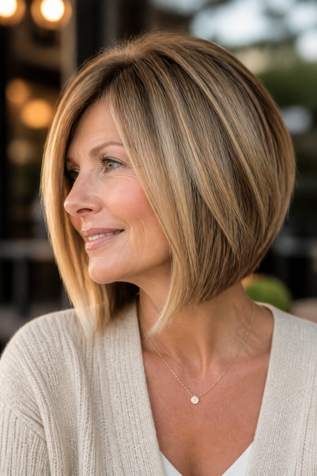 Close-up portrait of a real woman with angled lob lifting the jawline.