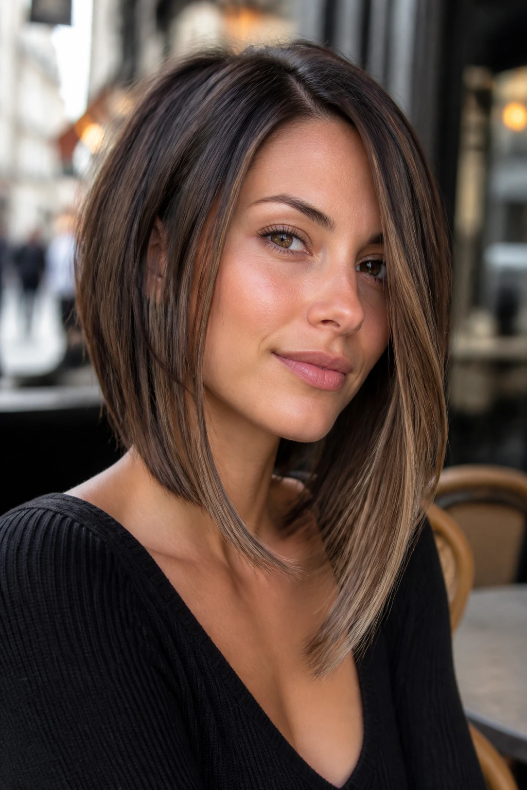 Portrait of a real woman with angled lob and longer front pieces in natural daylight.