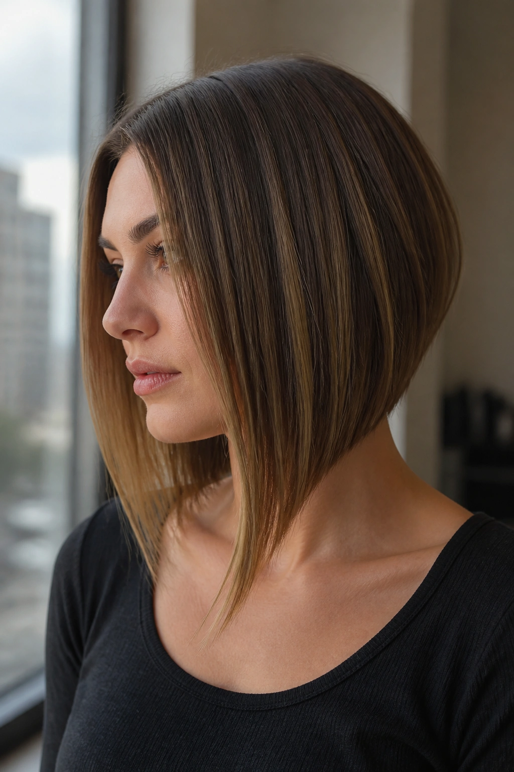 Real woman with angled lob longer front hair in side profile