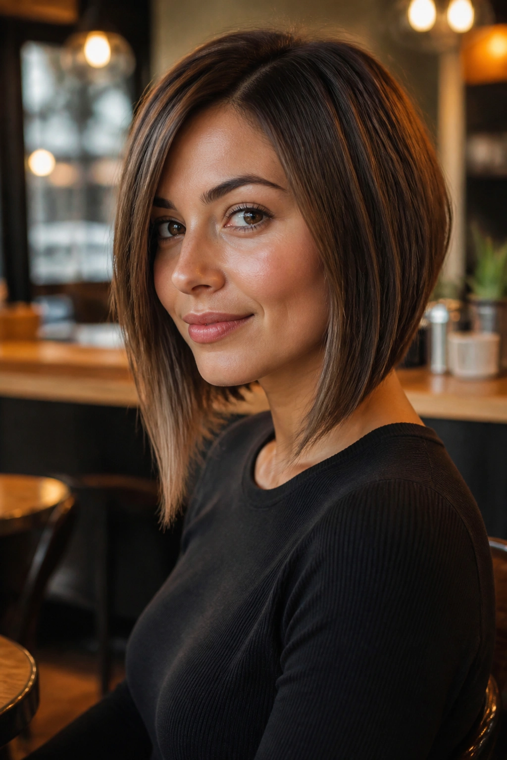 Close-up portrait of a real woman with an angled lob haircut in a cafe setting