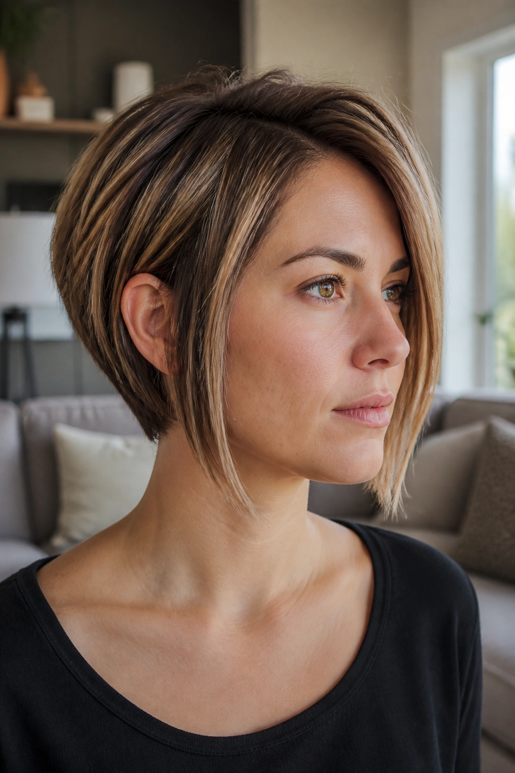 Angled pixie bob with longer front pieces on real woman in a modern living room, diagonal front length