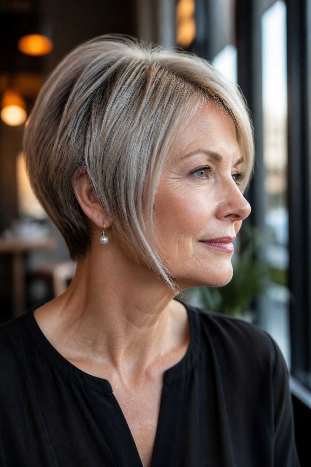 Older woman with forward-slanting jaw-length pixie at angle
