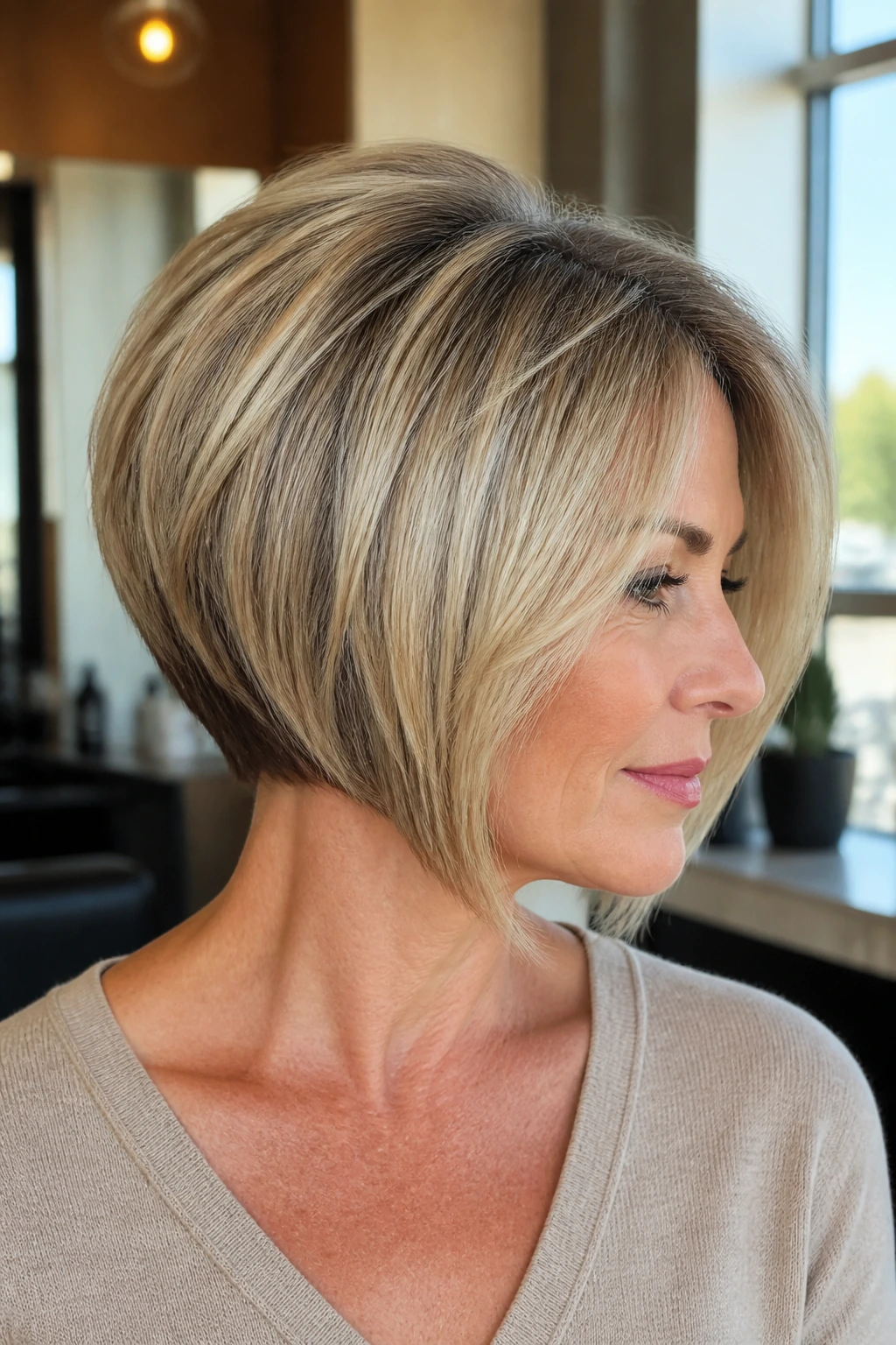 Close-up of a real woman showing The Classic Angled Stack haircut with a visible nape shelf, in a sunlit salon.