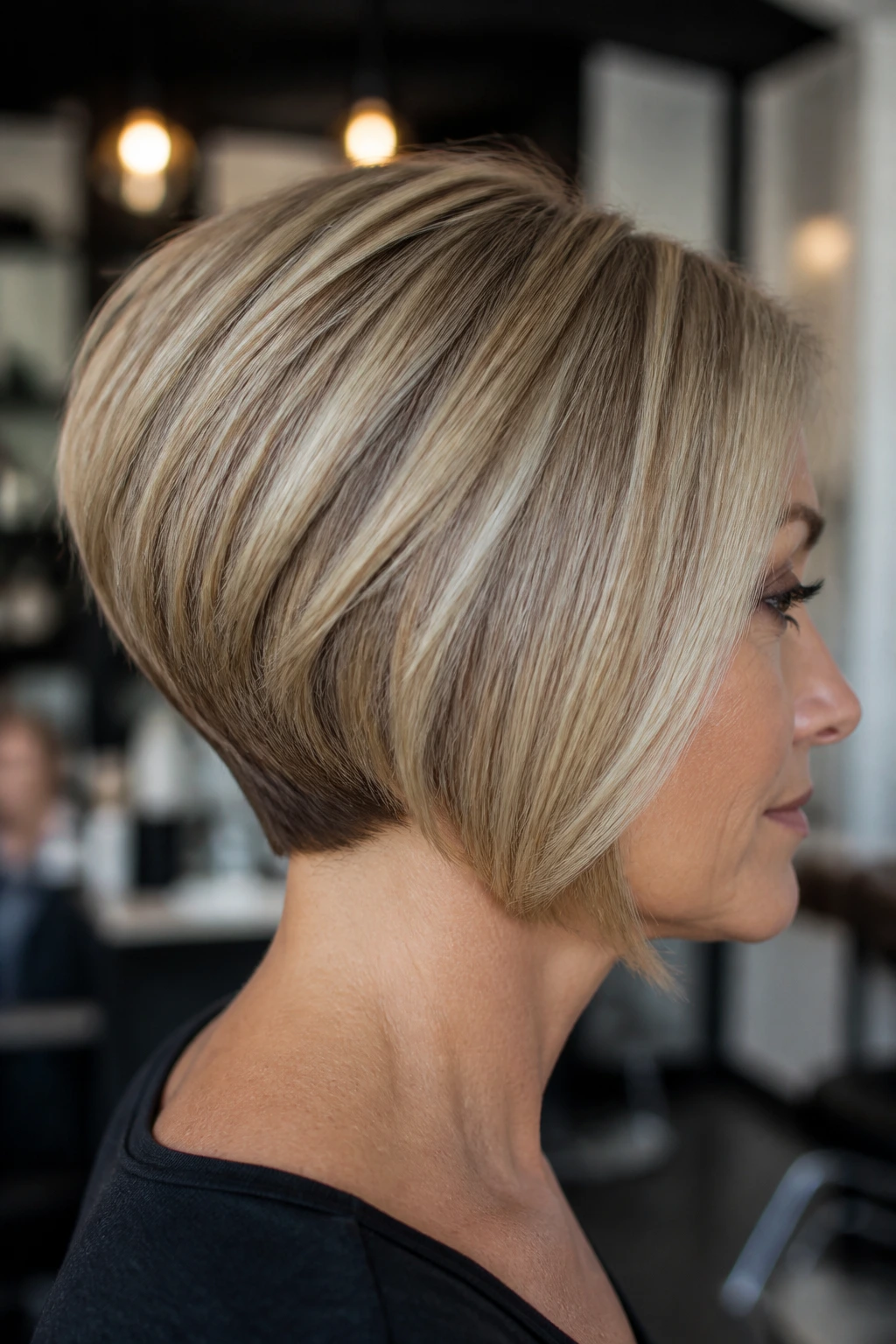 Portrait of woman with angled stacked bob and clean nape in a modern salon