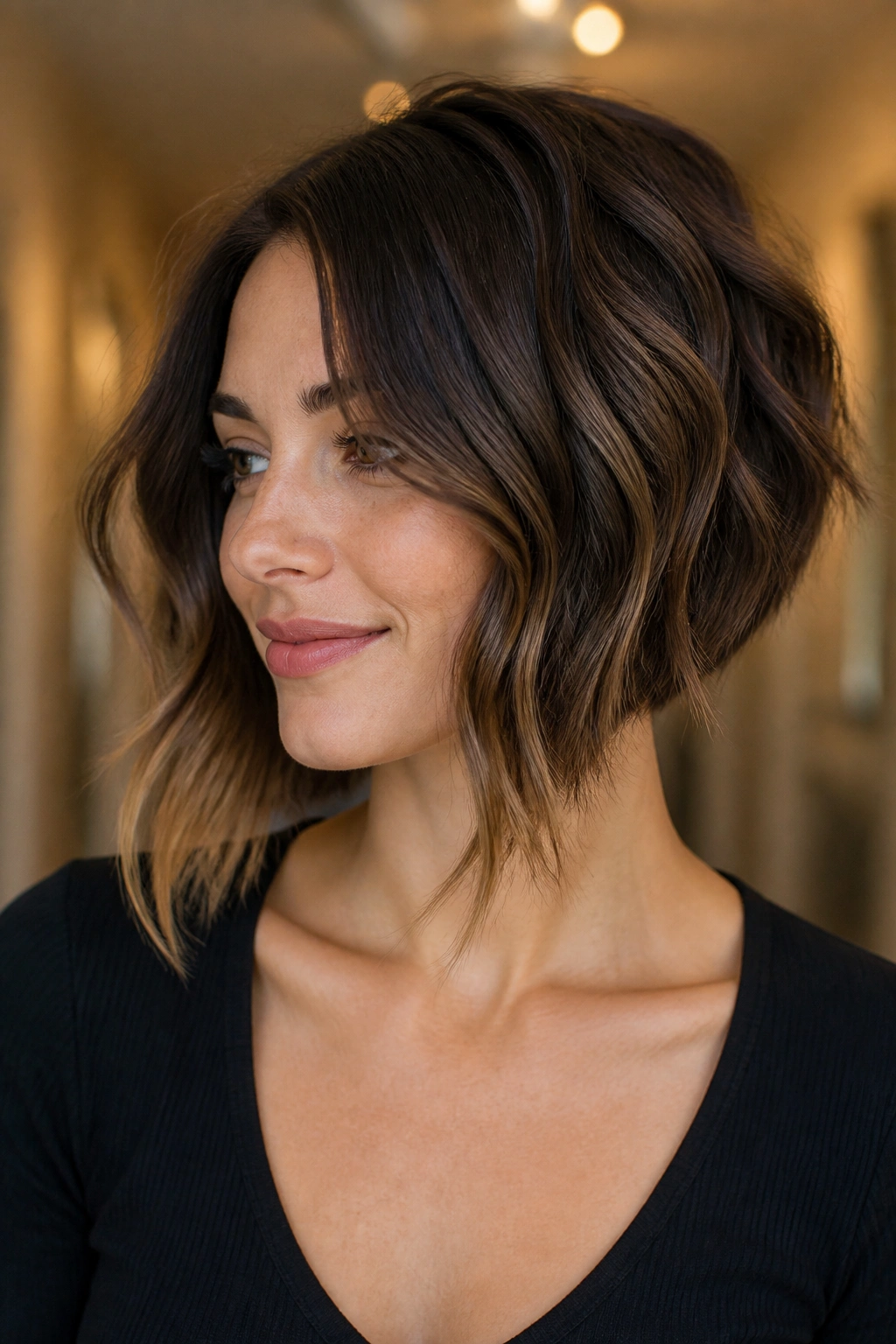Close-up portrait of Angled Wavy Bob That Lengthens the Neck on a real person