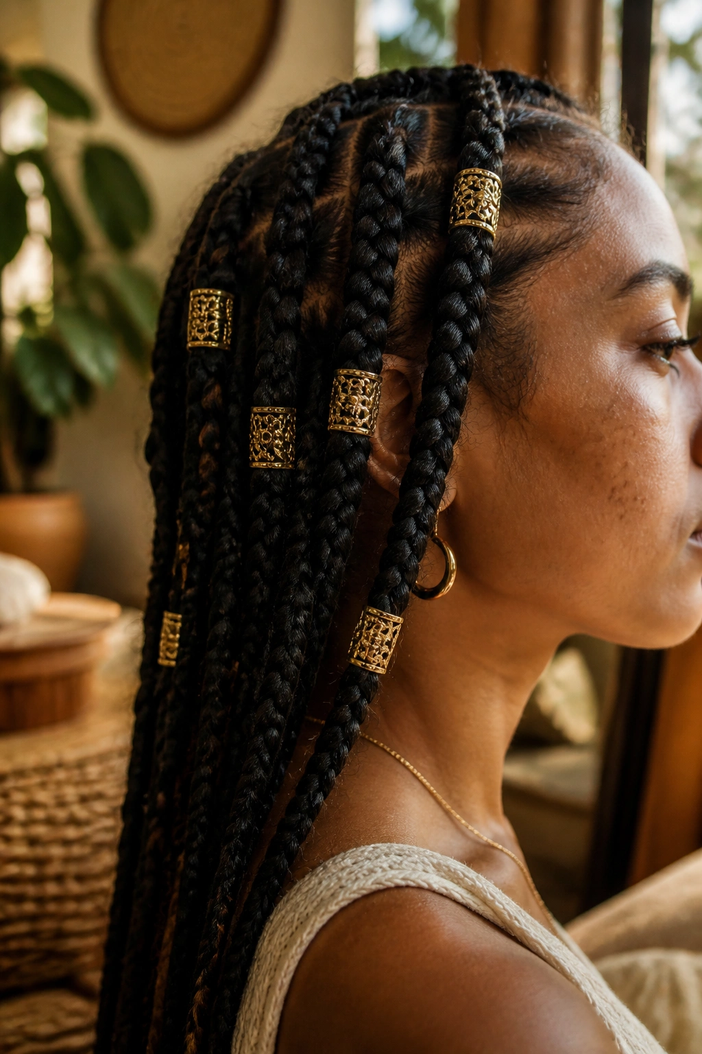Close-up of antique brass cuffs on textured braids.