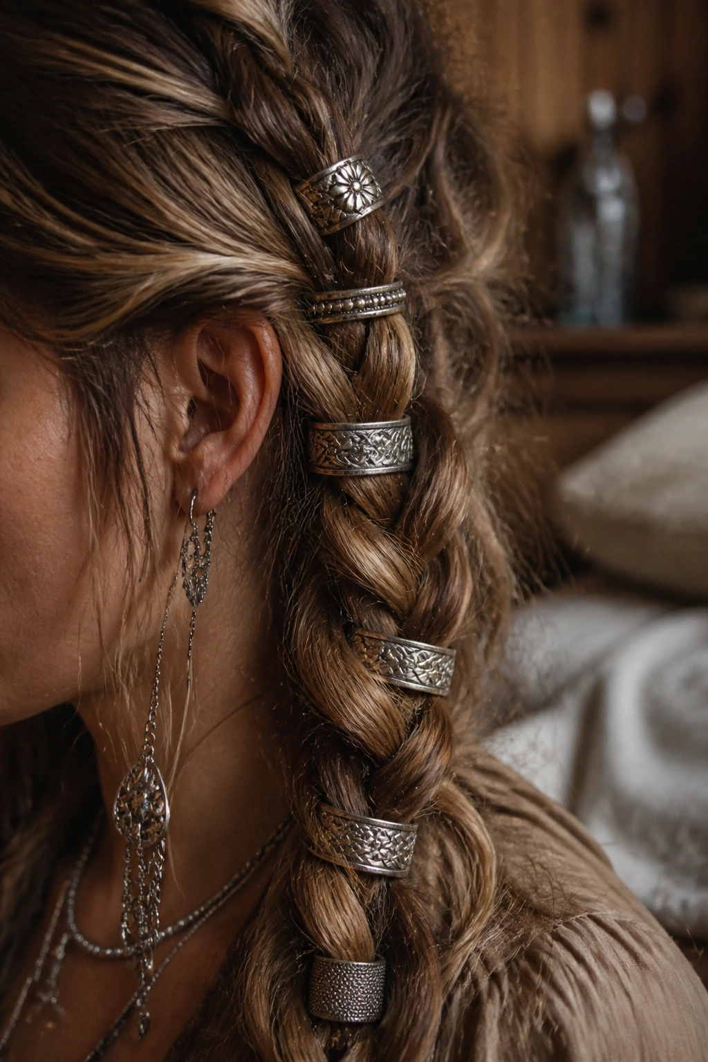 Close-up of a real person wearing antique silver hair rings in a textured side braid with a soft patina.