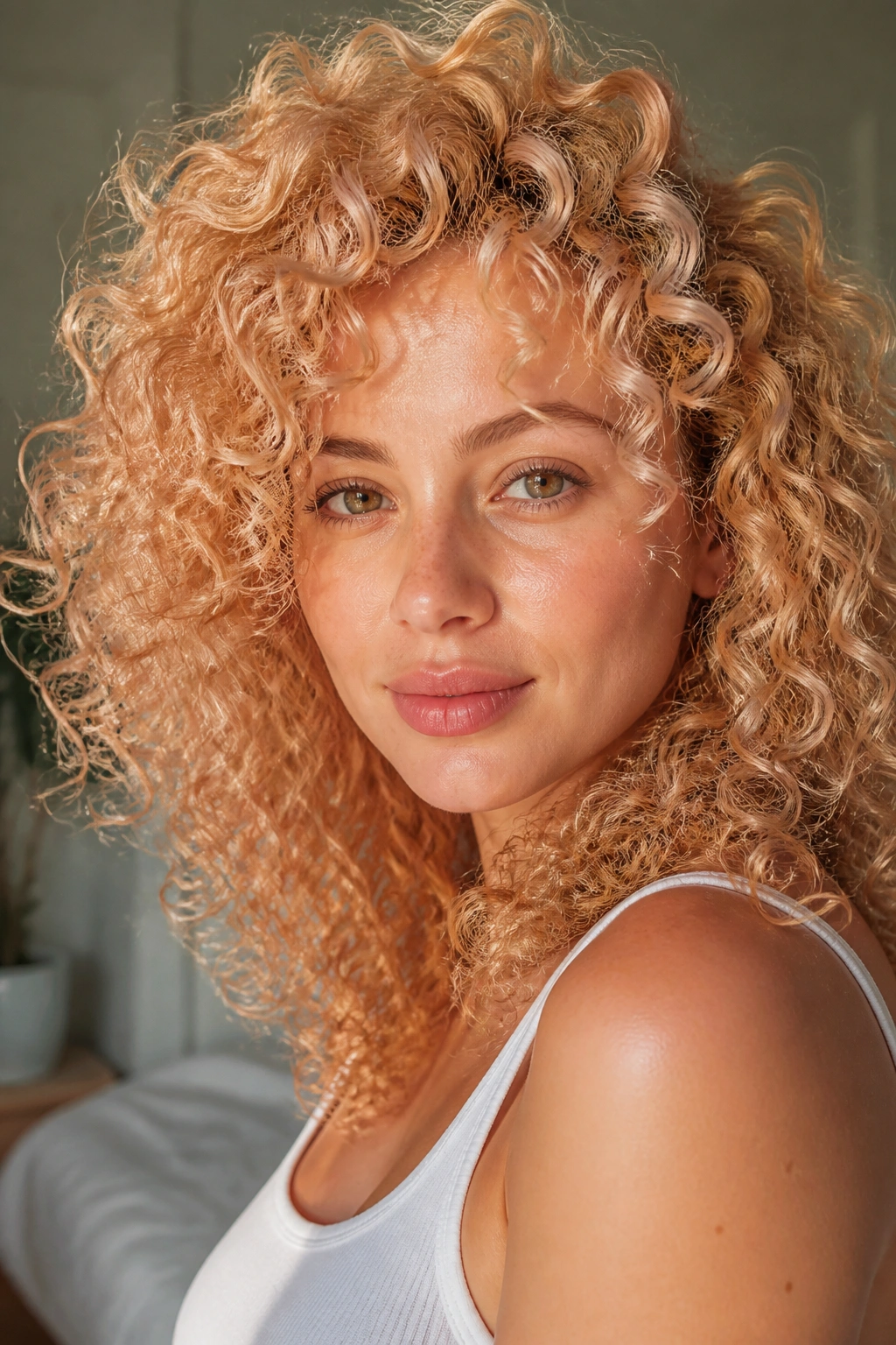 Close-up of real woman with apricot blonde on curls, warm glow.