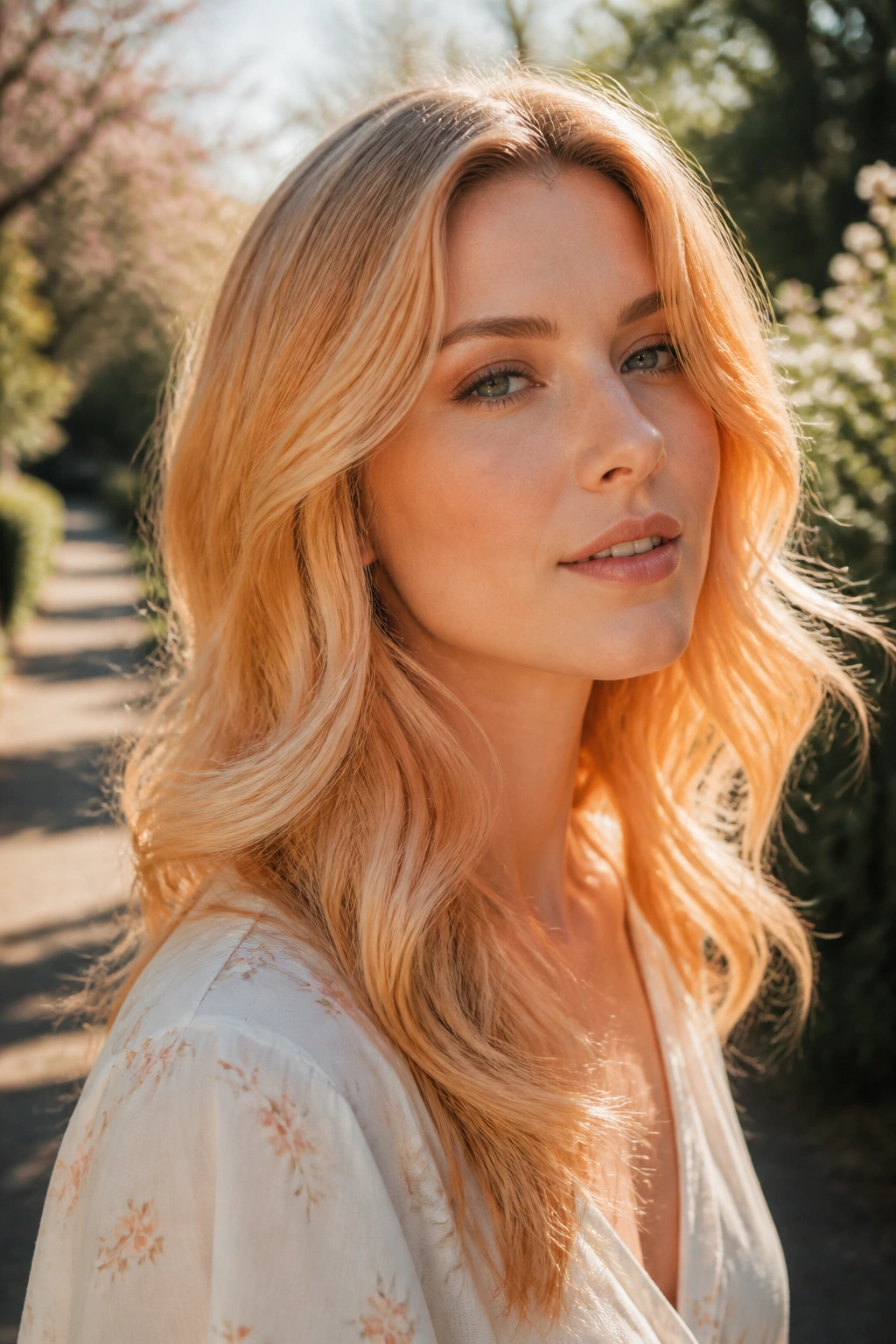 Close-up of a real woman with apricot blonde hair glowing in sunlight