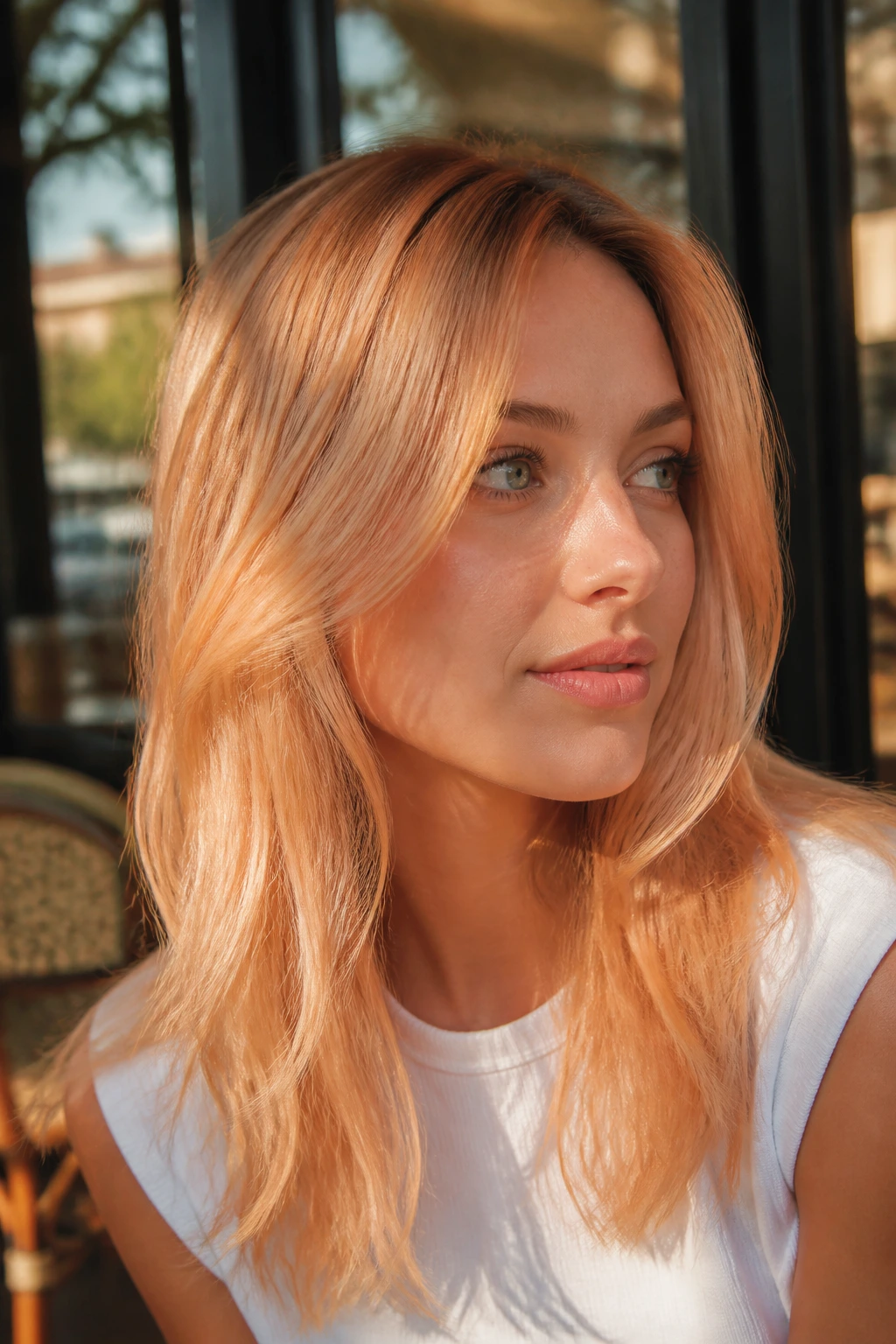 Close-up of a woman with apricot glaze hair glowing in warm daylight