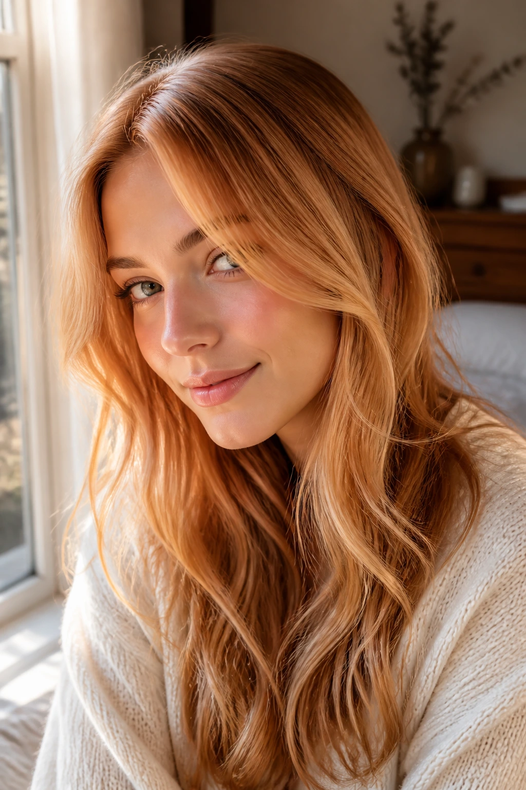 Close-up of apricot-gold strands on a real person, sunlit glow.