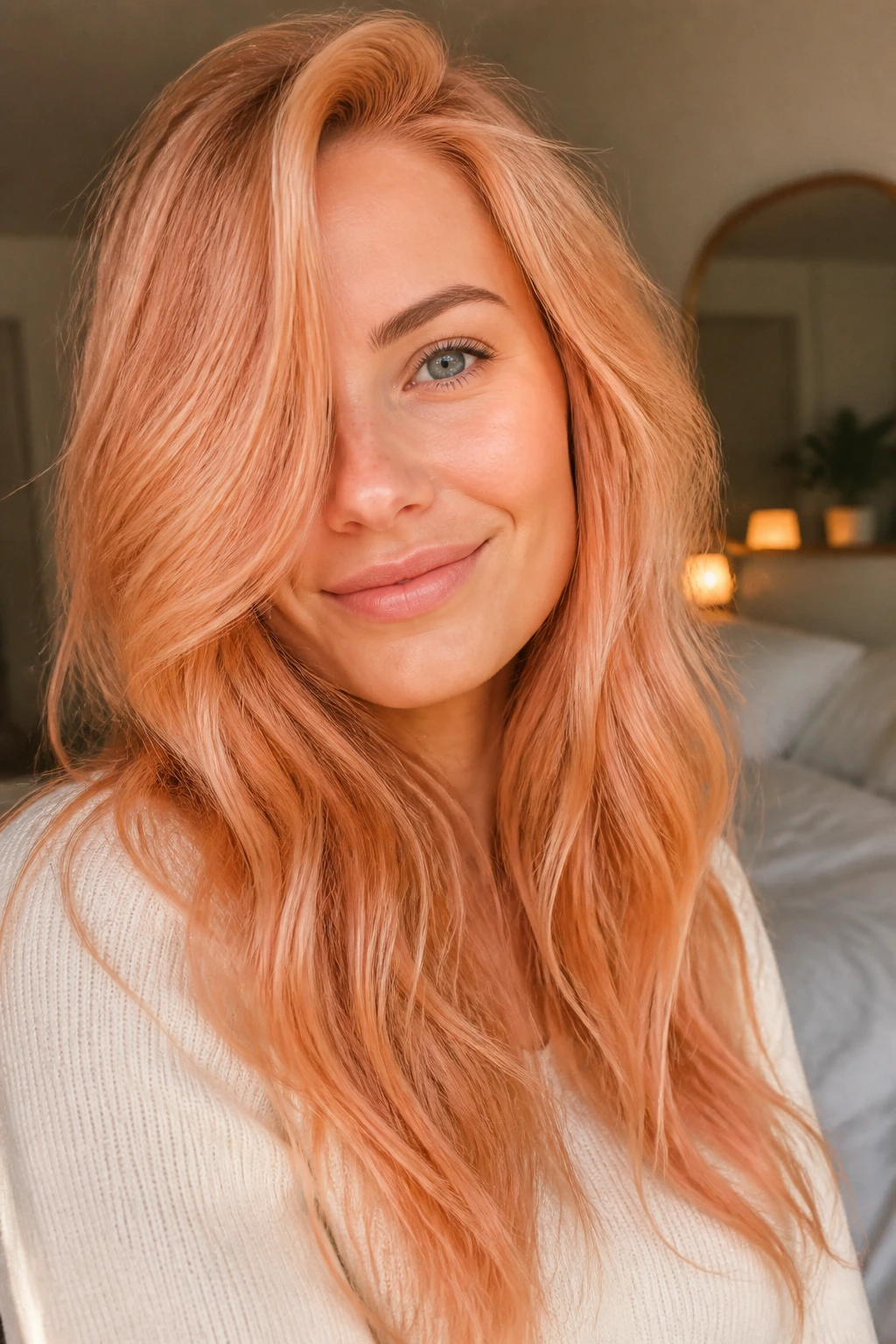 Close-up portrait of a real woman with warm apricot hair tones in soft window light