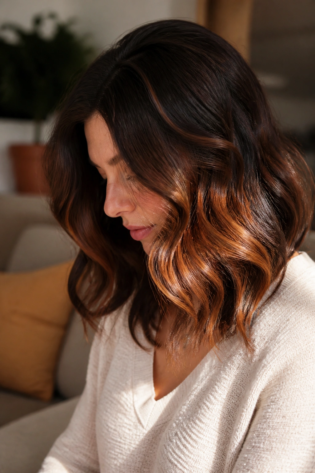 Close-up portrait of a real woman with shoulder-length wavy hair featuring apricot peek highlights.
