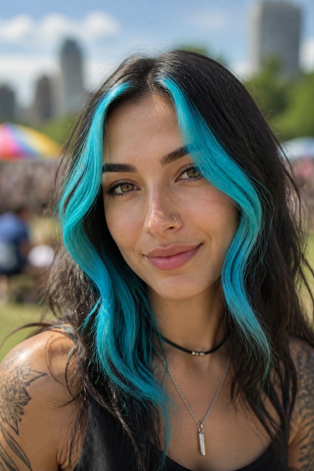 Real person with aqua blue face-framing highlights in natural outdoor setting