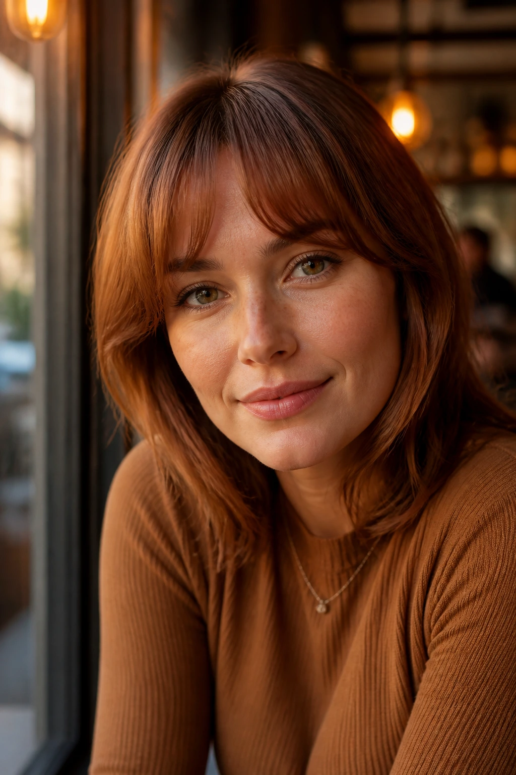 Close-up of arched bangs with soft auburn glaze on a real woman in warm light