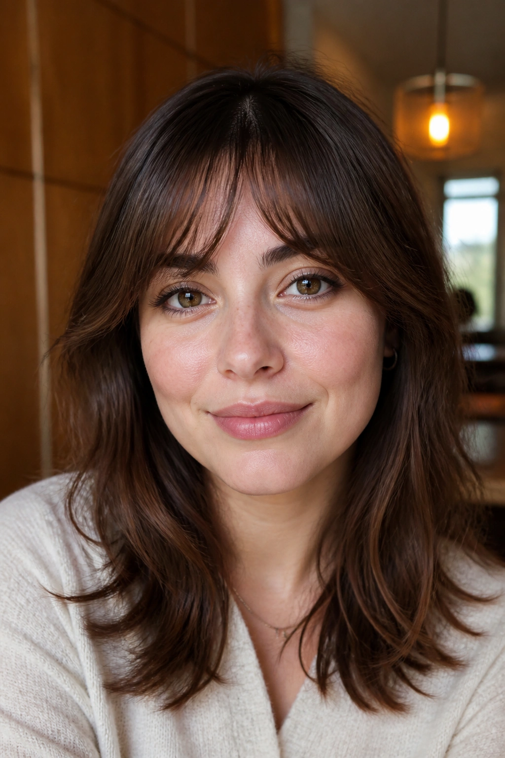 Close-up portrait of a real woman with arched bangs along brow line